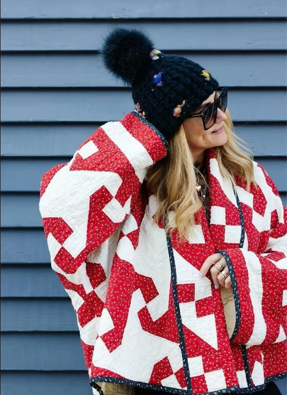 Neia Studio Red Geometric Print Women Fashion Coat
