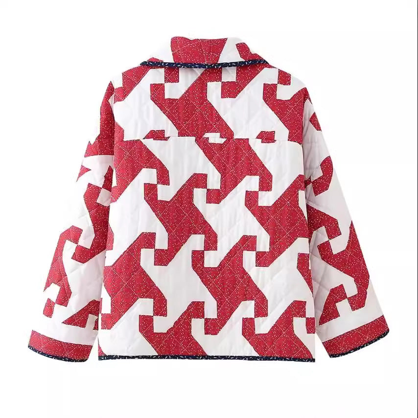 Neia Studio Red Geometric Print Women Fashion Coat
