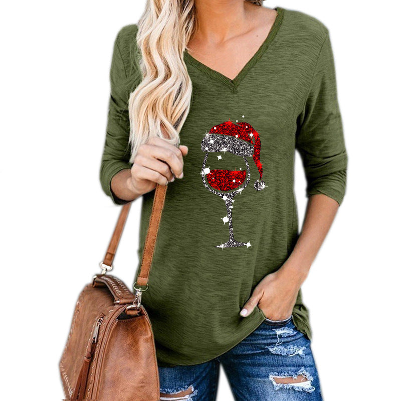Neia Studio Christmas Wine Glass Print Women Plus Size Top