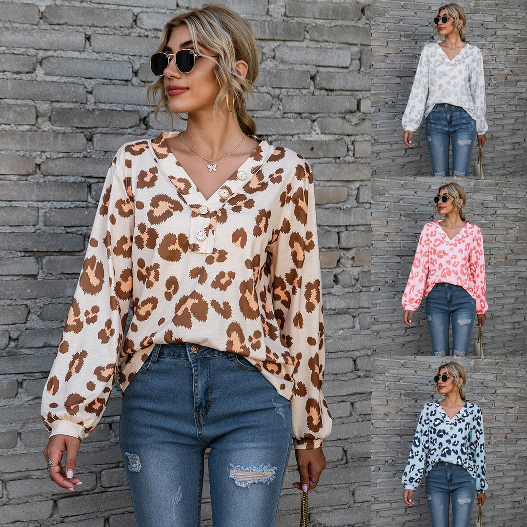 Neia Studio Leopard Print V-Neck Long Sleeve Women's Top