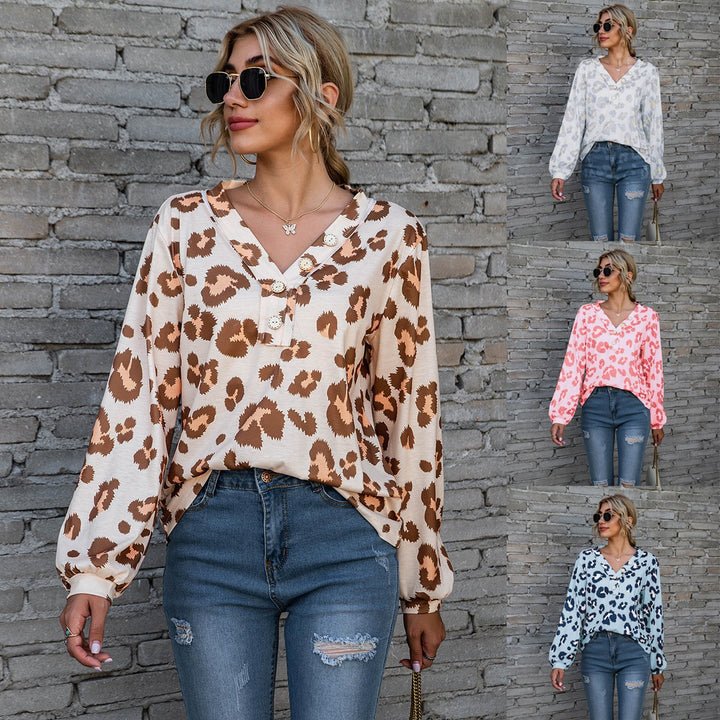 Neia Studio Leopard Print V-Neck Long Sleeve Women&
