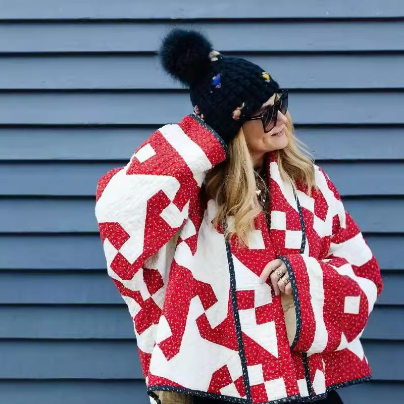 Neia Studio Red Geometric Print Women Fashion Coat
