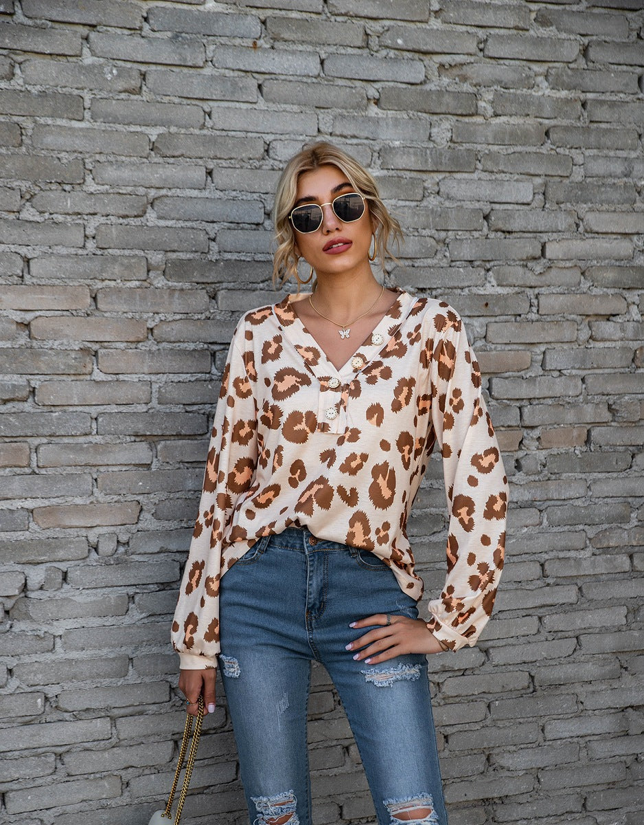 Neia Studio Leopard Print V-Neck Long Sleeve Women&