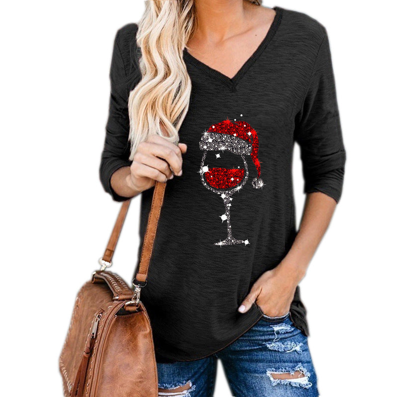 Neia Studio Christmas Wine Glass Print Women Plus Size Top
