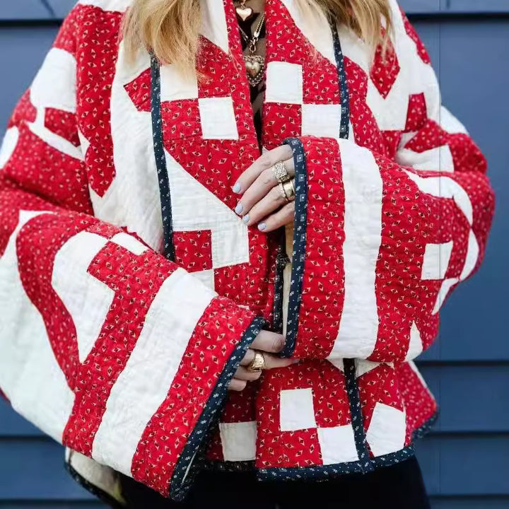 Neia Studio Red Geometric Print Women Fashion Coat