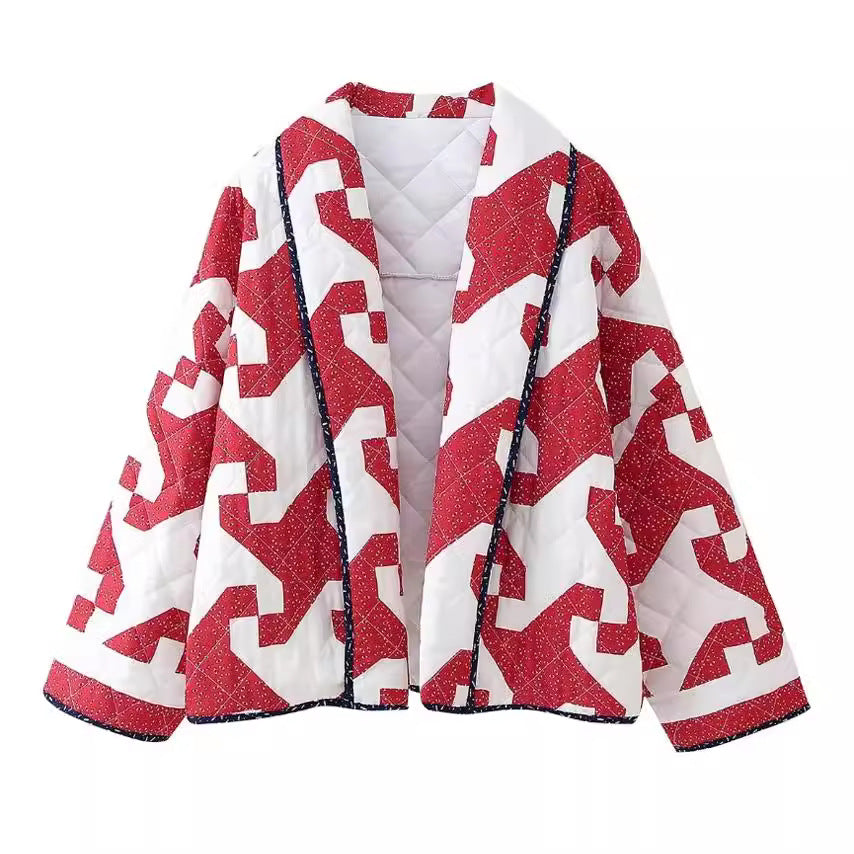 Neia Studio Red Geometric Print Women Fashion Coat