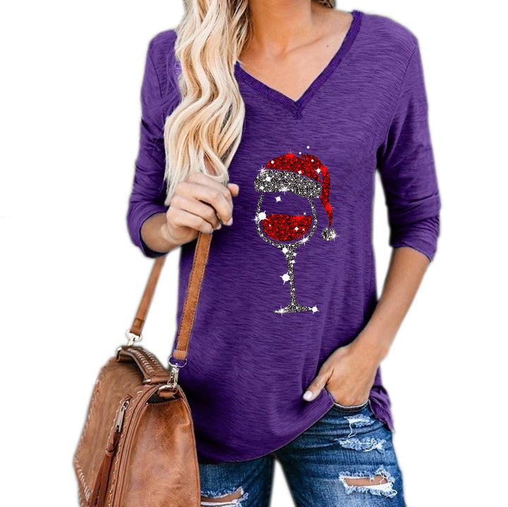 Neia Studio Christmas Wine Glass Print Women Plus Size Top