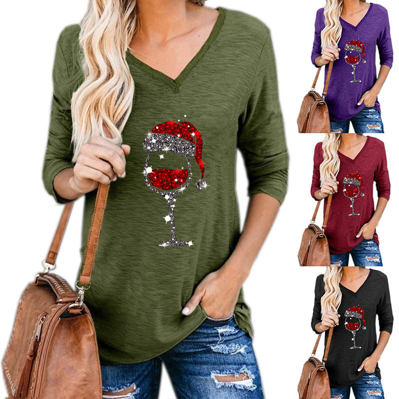 Neia Studio Christmas Wine Glass Print Women Plus Size Top