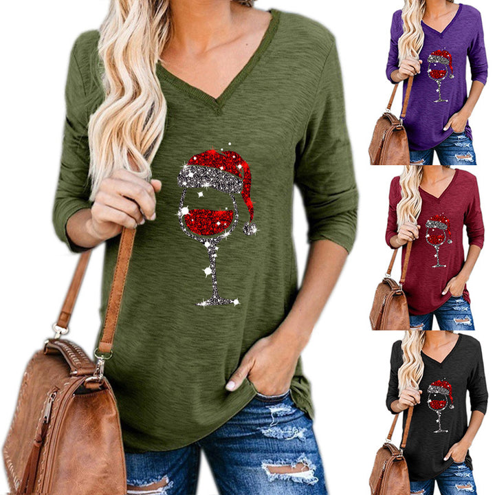 Neia Studio Christmas Wine Glass Print Women Plus Size Top