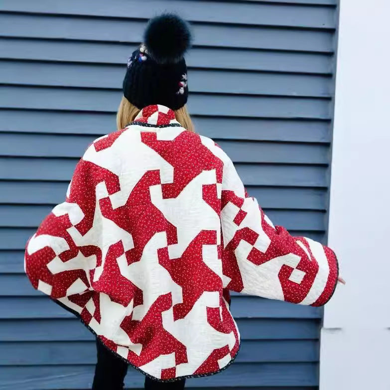 Neia Studio Red Geometric Print Women Fashion Coat