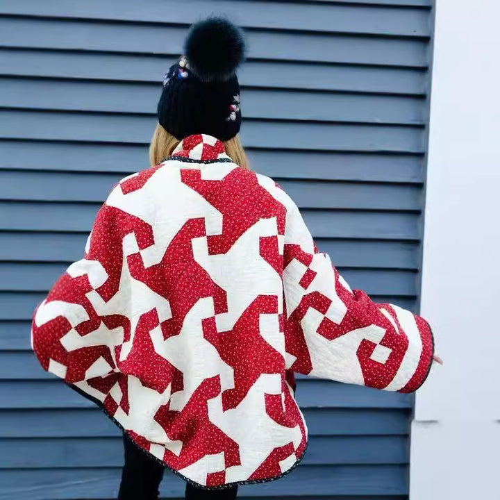 Neia Studio Red Geometric Print Women Fashion Coat