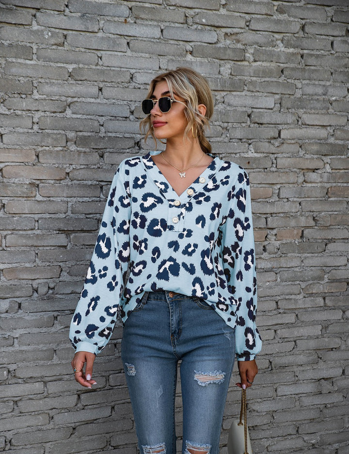 Neia Studio Leopard Print V-Neck Long Sleeve Women&